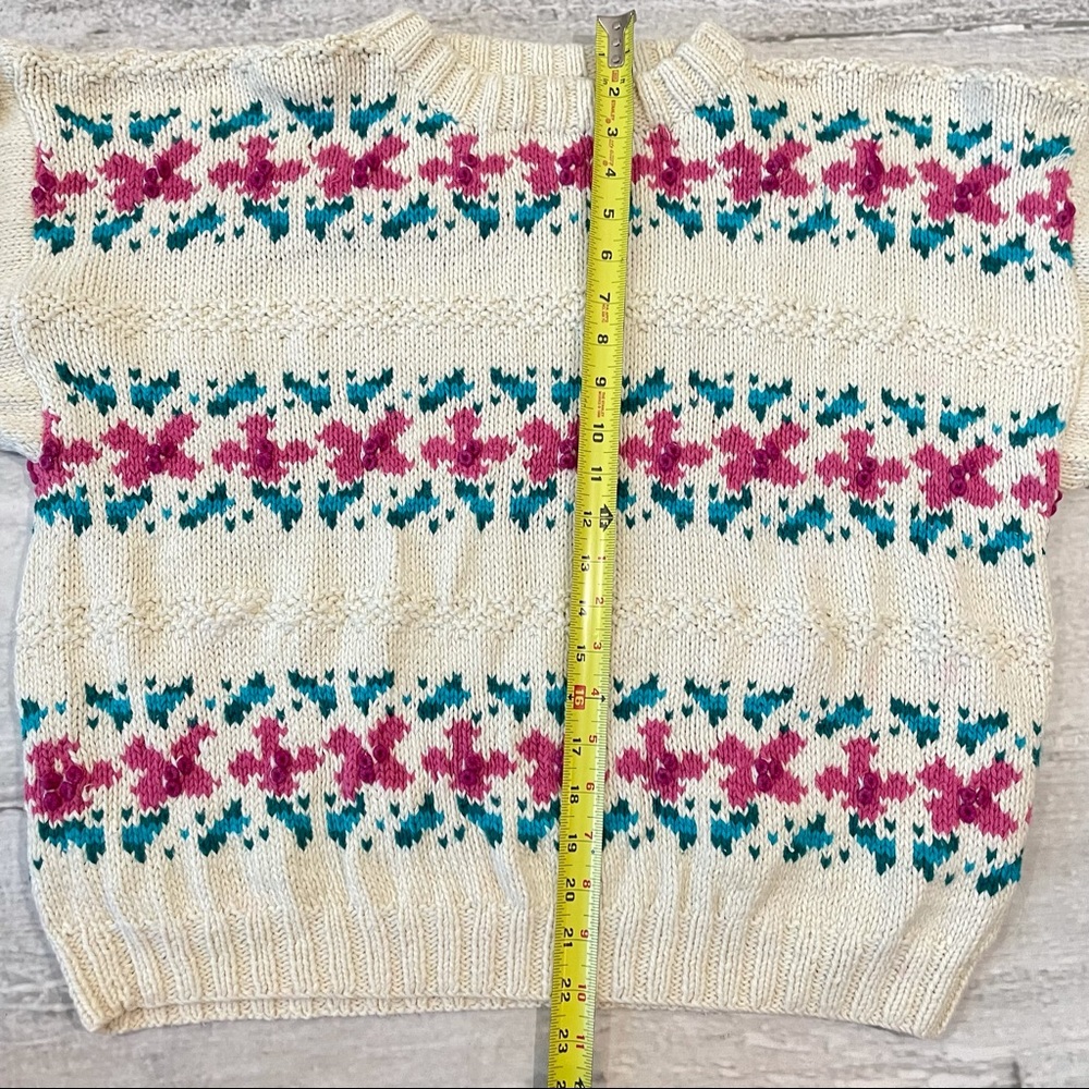 L.L. Bean Cream Crewneck Sweater with Pink and Teal Floral Fair Isle - Picture 3 of 9